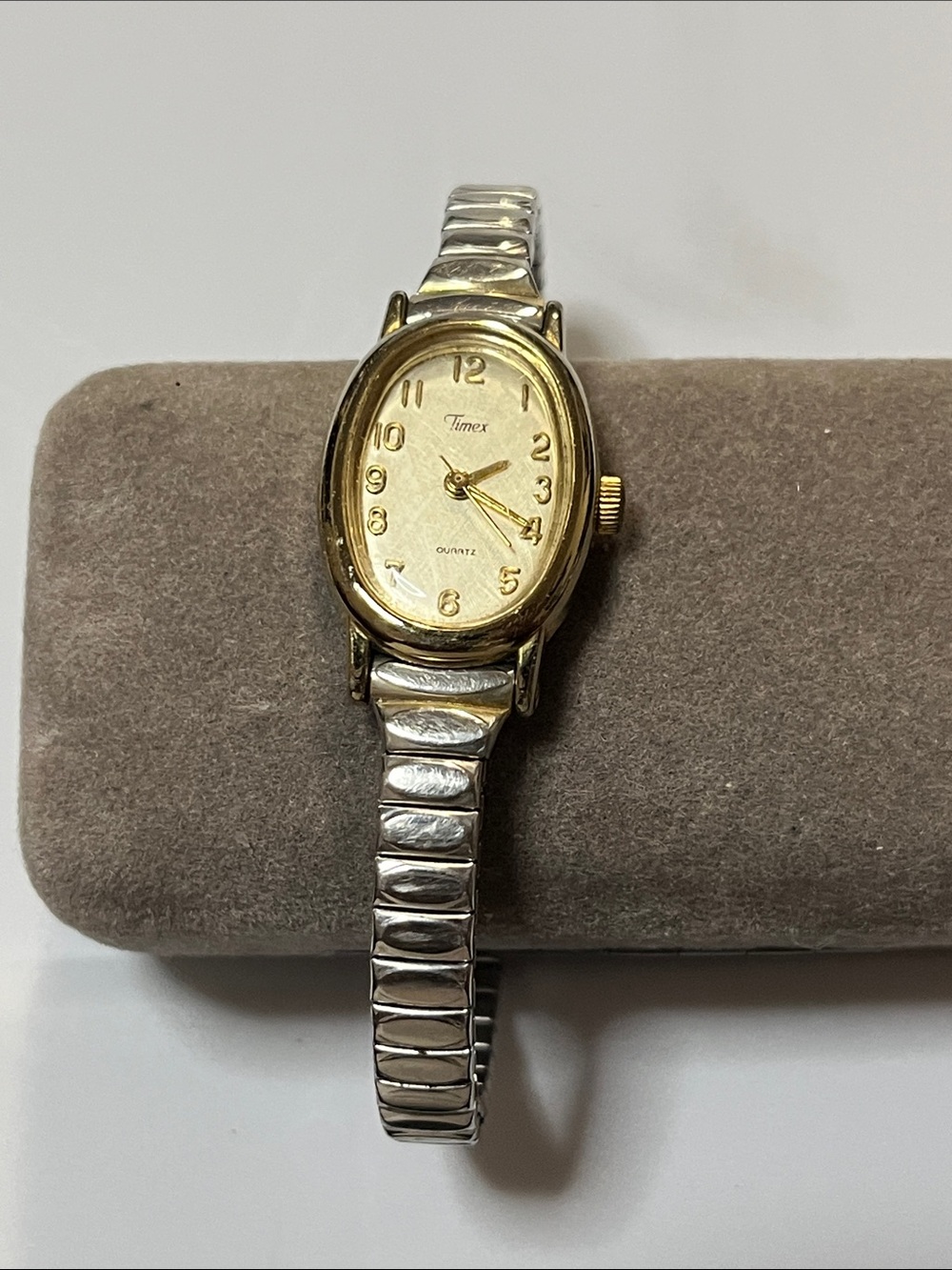 Timex Women's Two-Tone Oval Watch Gold Dial Silver Band